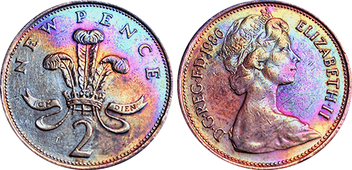 Moeda de 2 New Pence de 1980 com pátina arco-íris
