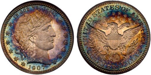 Moeda de Quarter Dollar de 1907 com pátina arco-íris