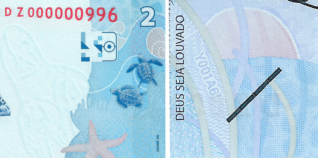 Código numérico e marca tátil em relevo da cédula de R$ 2,00 (2 reais) poduzida pela empresa sueca CRANE AB
