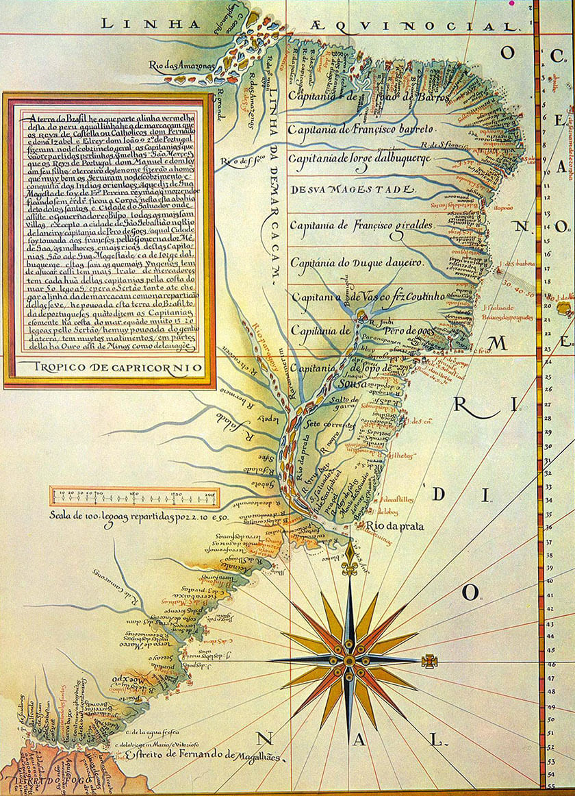 Mapa demonstrando a linha imaginária da divisão das terras sul-americanas pelo Tratado de Tordesilhas