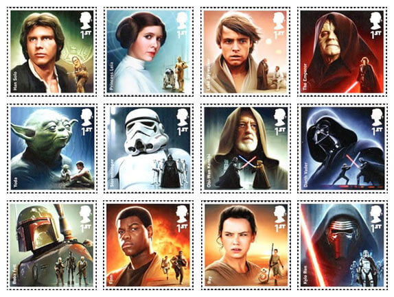 Personagens da saga Star Wars estampadas em selos