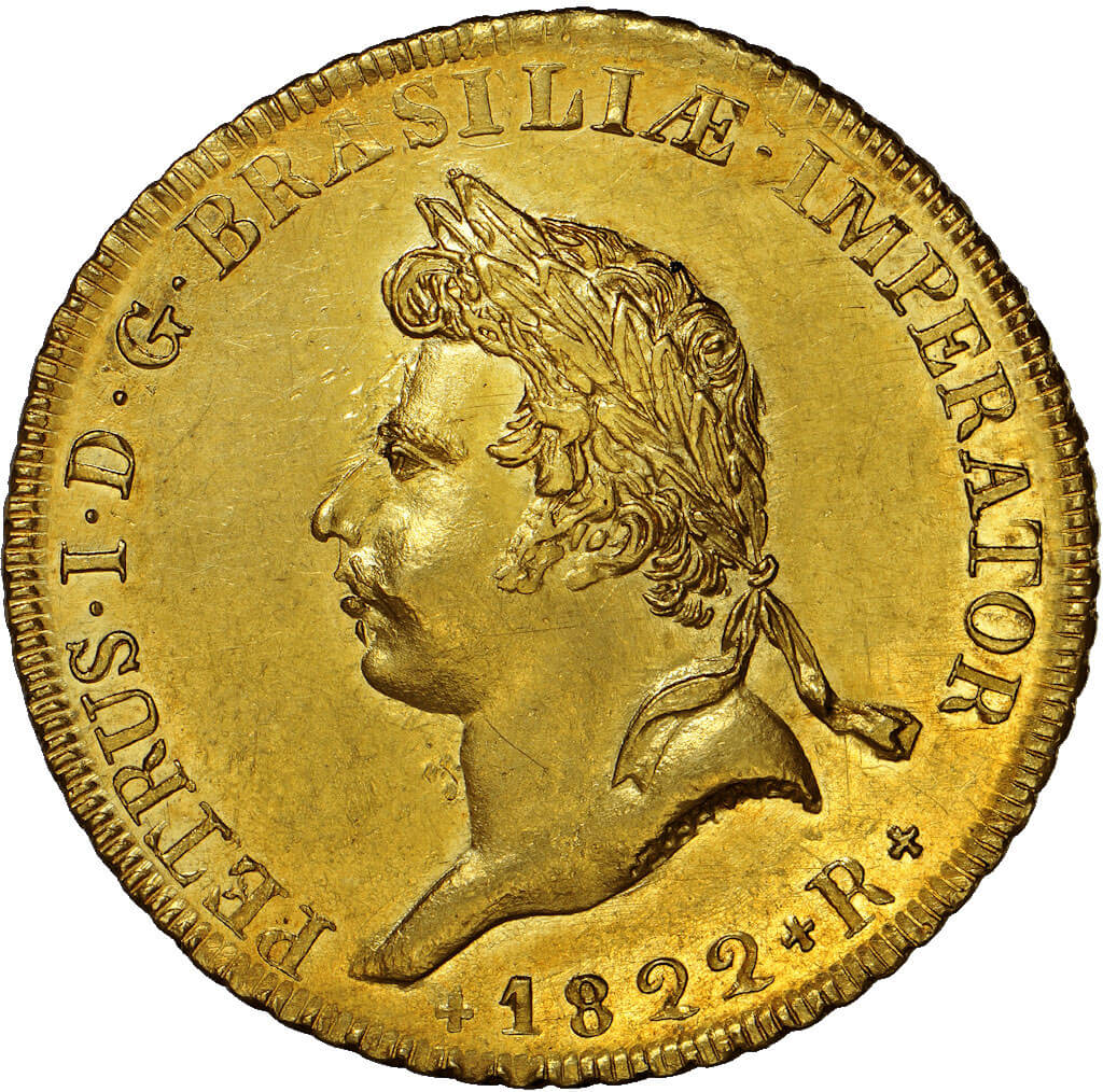 Peça da Coroação (Anverso): Efígie do Imperador D. Pedro I, de perfil à esquerda, laureada e de busto nu