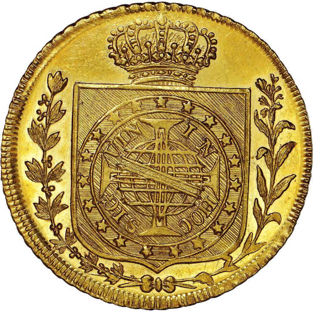 Peça da Coroação (reverso): Escudo das armas imperiais brasileiras, com a coroa real portuguesa