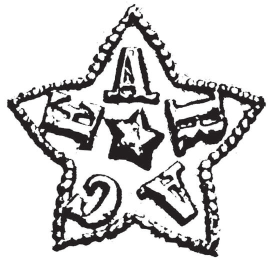 Desenho do Carimbo do Ceará mais utilizado em falsificações: uma estrela de cinco pontas contornada por pérolas, com pontas levemente arqueadas, tendo na parte interior de cada ponta uma das letras de CEARA bem separadas. Ao centro uma outra pequena estrela de cinco pontas.