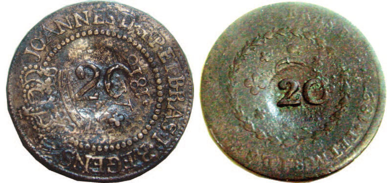 Moeda de cobre com Carimbo do Pará de 20, pertencentes ao acervo do Museu do Forte do Presépio (fora de exposição).