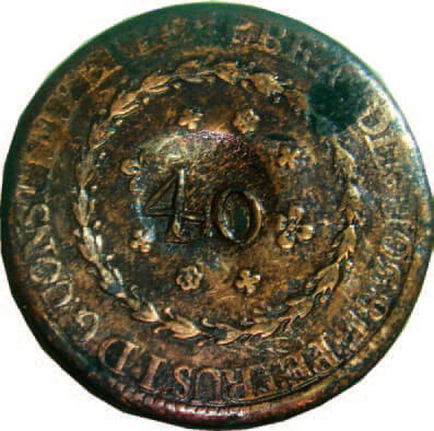 Moeda com carimbo de “40”, pertencente ao acervo do Museu do Forte do Presépio, em Belém (não está em exposição).
