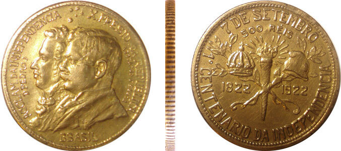 Moeda de 500 réis de 1922 (bronze alumínio) comemorativa ao Primeiro Centenário da Independência do Brasil variante BBASIL