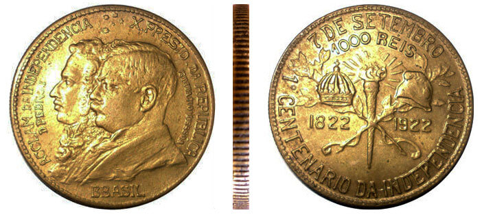Moeda de 1000 réis de 1922 (bronze alumínio) comemorativa ao Primeiro Centenário da Independência do Brasil variante BBASIL