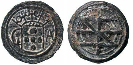 Moeda 1 bazaruco de Filipe II (cunhagem de 1598 a 1621 em estanho - peso de 3,1 gramas e diâmetro de 19 mm)