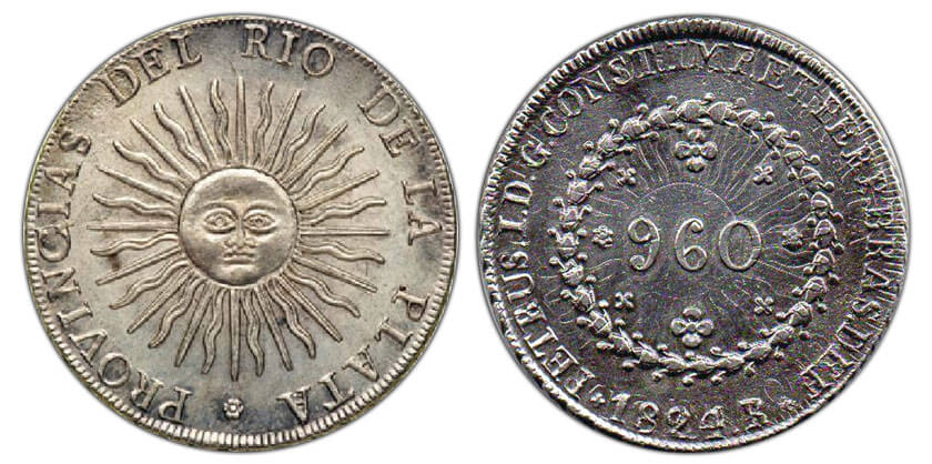 Exemplo de recunho: moeda de 960 Réis recunhada sobre 8 Soles Argentinos