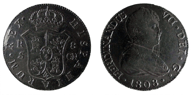 Moeda de 8 reales de Ferdinandus VII (Acervo do Museu de Valores do Banco Central do Brasil)