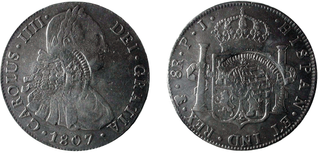 Moeda de 8 reales de 1807 com Carimbo Cuiabá (Cuyaba) (Acervo do Museu de Valores do Banco Central do Brasil)