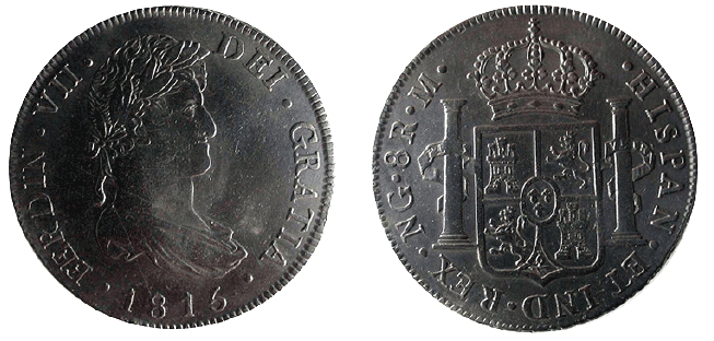 Moeda de 8 reales de 1816 Colunário da Guatemala (Ferdin VII) (Acervo do Museu de Valores do Banco Central do Brasil)