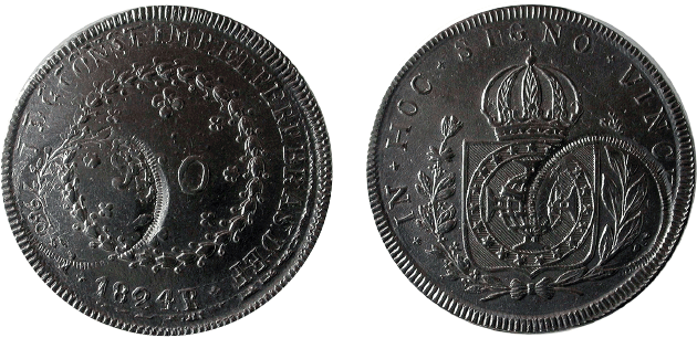 Moeda de 960 réis de 1824 sobre moeda com Carimbo de Minas (Acervo do Museu de Valores do Banco Central do Brasil)