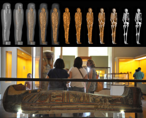 Item de acervo perdido no incêndio do Museu Nacional no Rio de Janeiro: caixão ou esquife de Sha Anun en su. No recorte superior, uma sequência de tomografia de Sha Amun en su