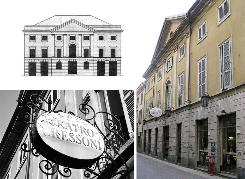Fachadas do Teatro Cressoni em Como, na Itália: Esquerda (cima): fachada do teatro em 1870, projeto de Pietro Luzzani. Esquerda (baixo): detalhe do letreiro do teatro Cressoni. Direita: fachada atual do Teatro Cressoni